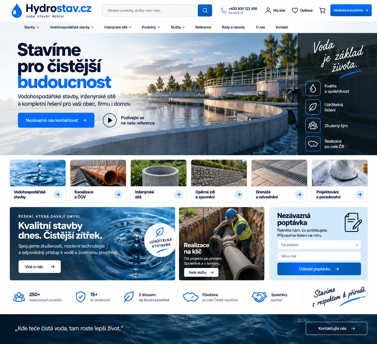 Ilustrační návrh Hydrostav.cz s vodohospodářskou stavbou a modrým rozhraním